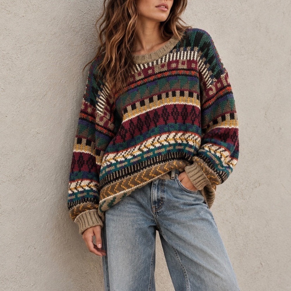 VINTAGE 90s TAKAPUNA Geometric Knit Crewneck Grandpa Sweater